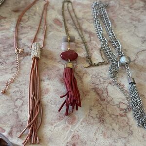 EUC~Set Of 3 Vintage Tassel Silver/Bronze & Multi Colored Beaded Necklaces